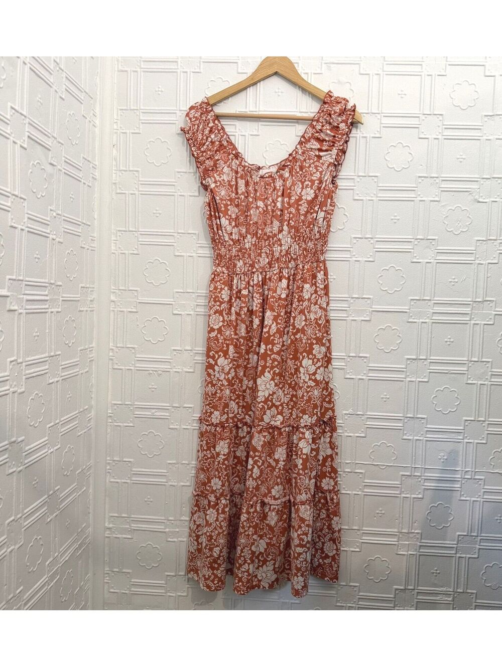 Lucky Brand Terracotta Floral Smocked Tiered Midi Dress Small